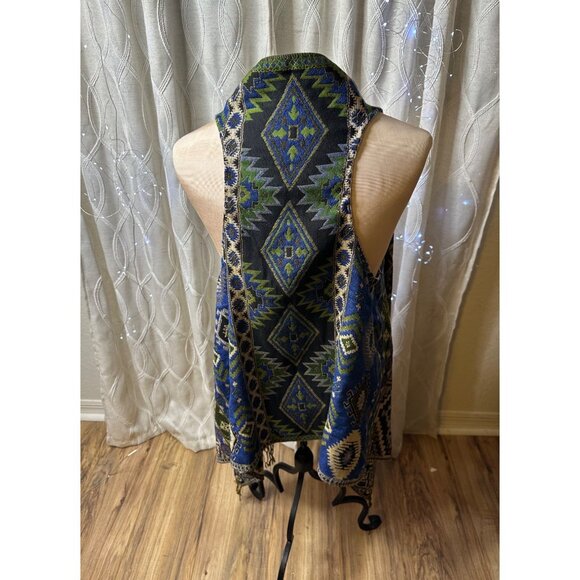 Artsy Aztec Tapestry Long Vest Fringe & Tassels Boho Coastal Cowgirl Hippie  O/S - Picture 4 of 11
